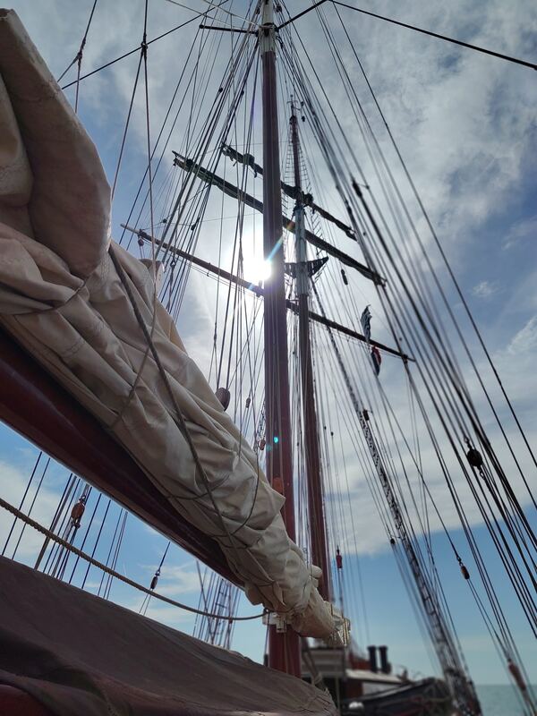 Furled sail, masts against the sun
