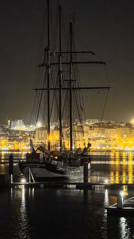 Moored in A Coruña the night before we left